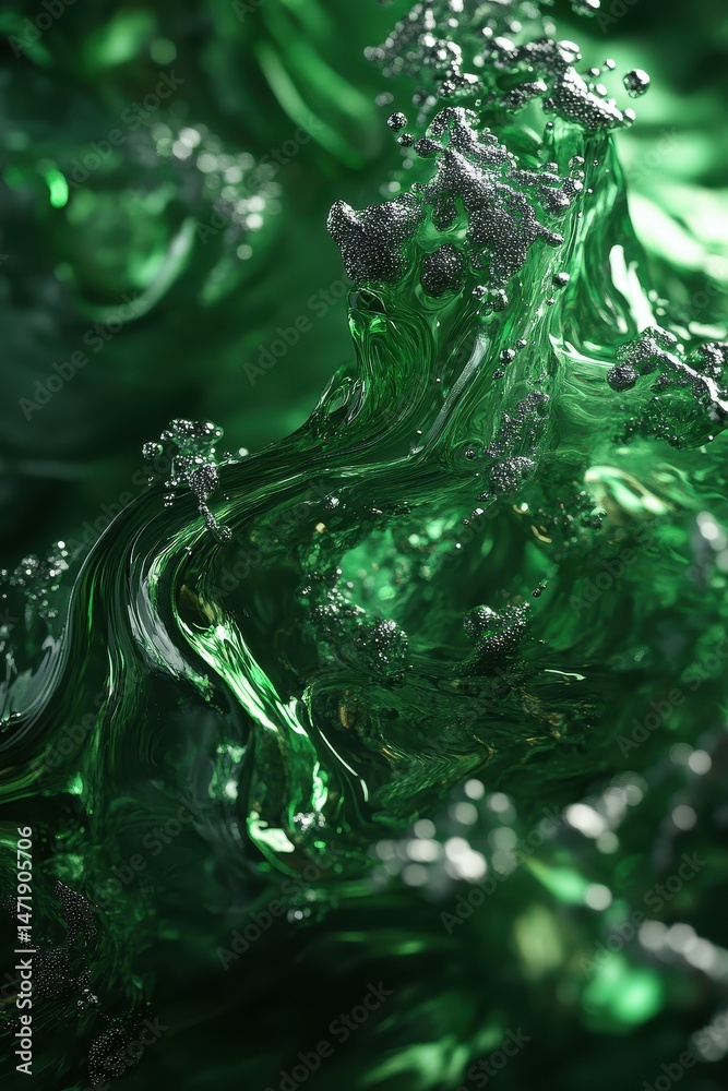 Poster abstract emerald green liquid wave with dynamic motion bubbles and textured surface in a dark enviro