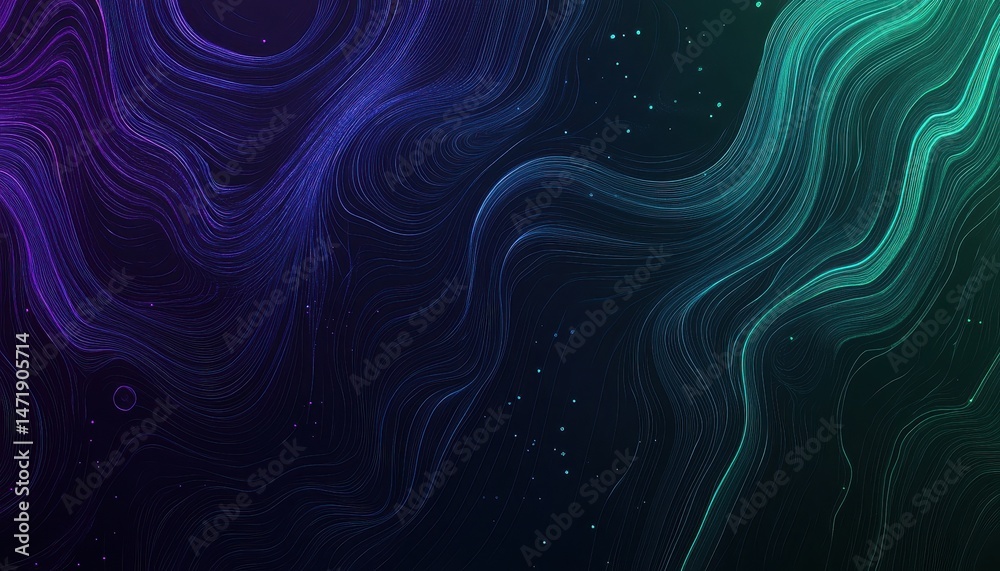 Poster abstract flowing particles with gradient lights on dark background for modern design and technology 