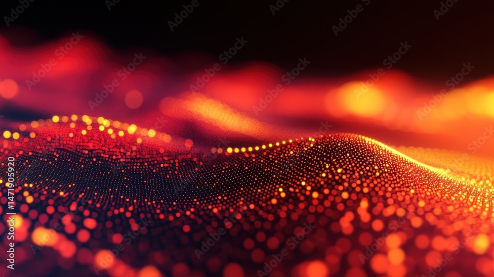 Poster abstract glowing orange particle waves with dynamic motion dark backdrop and futuristic elements for