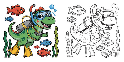 Naklejka premium A Set of Scuba Diving Dinosaur Coloring Page – Fun Underwater Adventure Illustration for Kids
