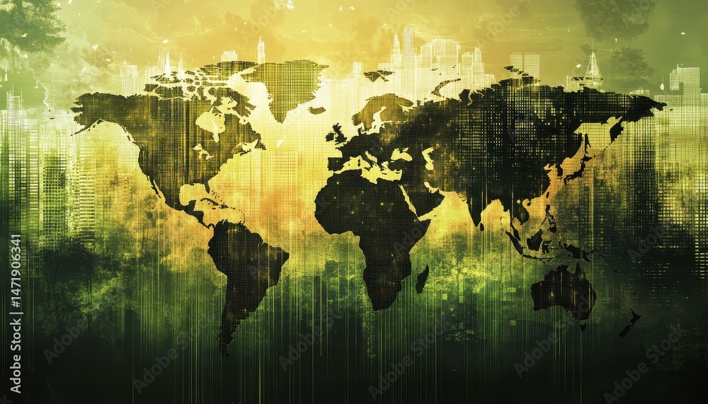 Poster abstract grunge world map in green and gold with distressed texture vintage style backdrop and geogr