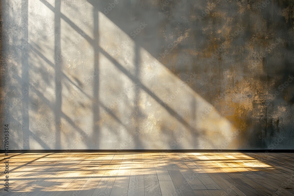 Poster abstract interior with sunlight shining through window onto a textured gray wall and wooden floor cr