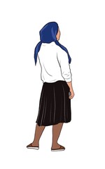 Minimalist illustration of a woman seen from the back, wearing a blue headscarf, white blouse, and black skirt. Simple character art symbolizing rural life, modest fashion, and cultural heritage.