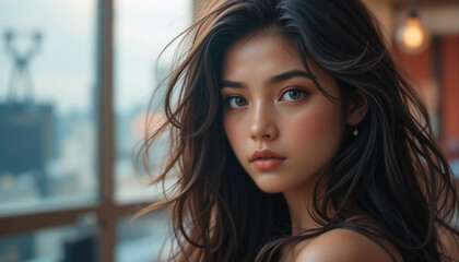 Fototapeta premium Young Woman With Long Hair Gazes Thoughtfully While Sitting Indoors With a City Skyline Visible in the Background During Sunset