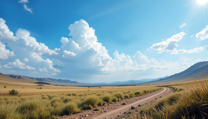 Obraz premium Vast Landscape Featuring Rolling Hills and an Expansive Sky With Fluffy Clouds During Midday in an Open Grassy Field