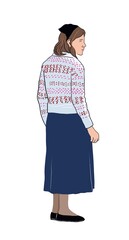 Illustration of a young woman in profile, modestly yet fashionably dressed, wearing a patterned sweater a navy blue skirt a little headscarf. Minimalist hand-drawn style.
