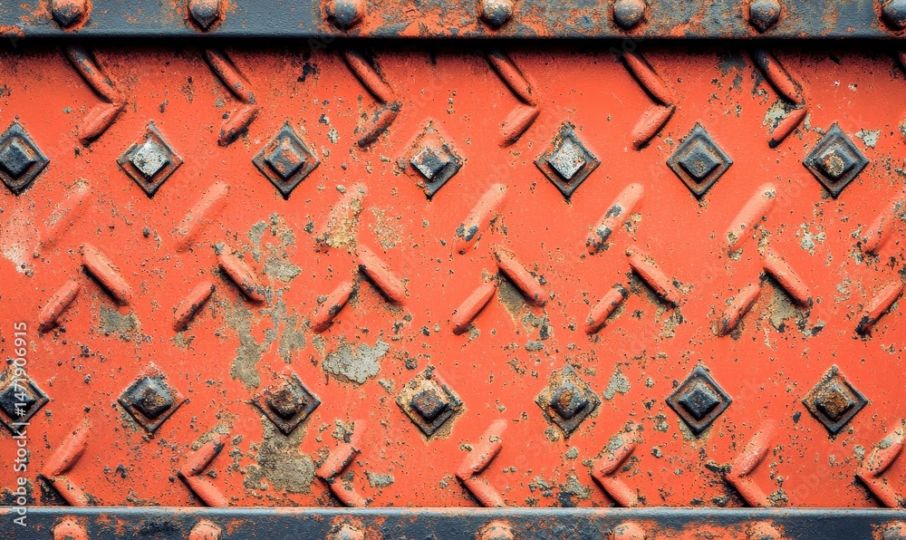 Poster abstract red metal diamond plate with rivets and weathered texture industrial background with rust a