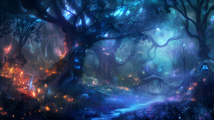 A digital painting of a fantastical forest with glowing lights and a magical atmosphere at night
