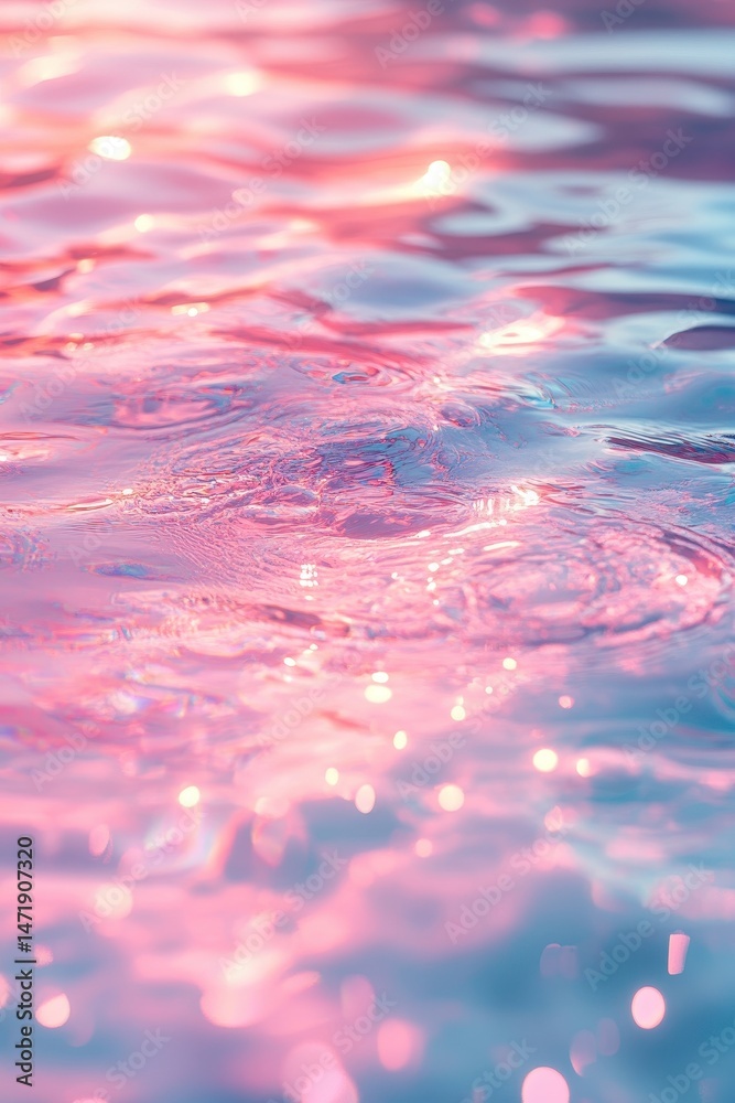 Poster abstract water surface with pink and blue reflections in close up view with shimmering light and flu