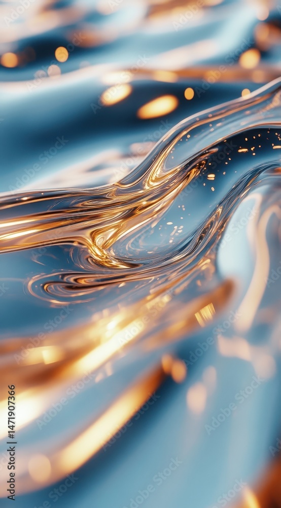Aufkleber Abstract Wave Texture in Blue and Gold Smooth Liquid Surface Dynamic Flowing Background with Shiny Golden Lights