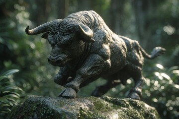 Powerful bull sculpture positioned on a mossy rock.