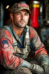 Fototapeta premium Worker in worn overalls and cap poses in front of machinery. Determined look and rugged appearance. Red and blue color scheme.