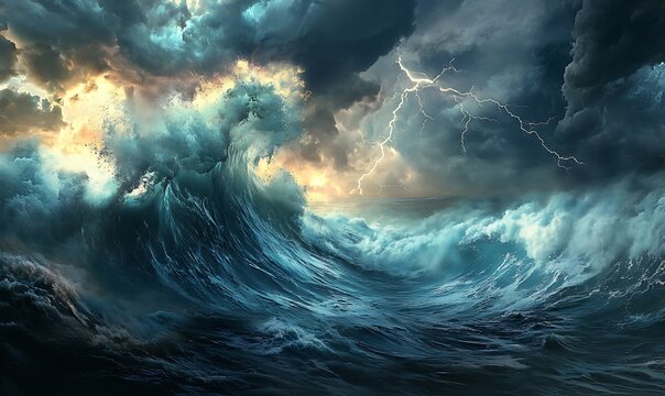 A turbulent ocean scene featuring large waves and striking lightning