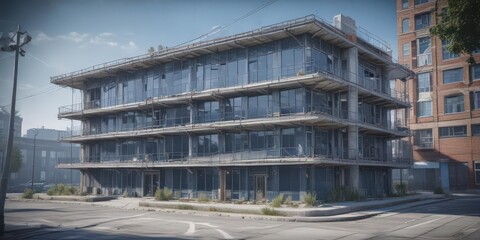 Blueprint overlay on a photo of a building design ,  image,  illustration,  digital