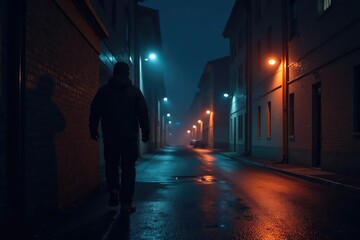Security officer patrolling a building at night with a flashlight , emergency, threat
