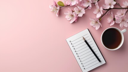A serene workspace featuring a notebook, black pen, coffee cup, and delicate pink flowers on a soft pink background.