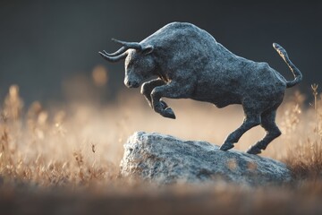 Powerful bull leaping over a stone in a field.