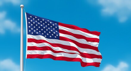 Obraz premium American Flag Waving Proudly Against a Bright Blue Sky with Soft Clouds, Patriotism Symbol in a Detailed Illustration Style, National Pride Representation