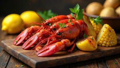 A table laden with a delicious crawfish boil, featuring corn on the cob, potatoes, and lemons , wooden, celebration, seafood