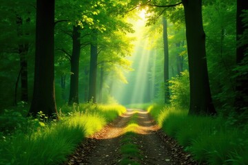 Fototapeta premium Sun-dappled forest path, lush greenery, natural light , eco, light, landscape