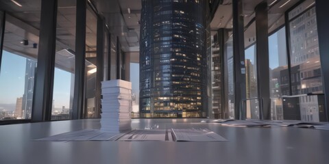 Abstract view of office tower, fluorescent lighting, paper documents, business, professional, technology