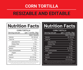 Tortilla Nutrition Facts. Nutrition facts label and nutritional value of Tortilla. Editable and resizable templates of nutrition facts, nutritional value of chipotle chipotle tortillas calories.