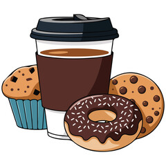 Coffee cup with cookies and donuts isolated vector illustration on white background