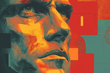 Fototapeta premium Close-up portrait, bold colors, and geometric design.