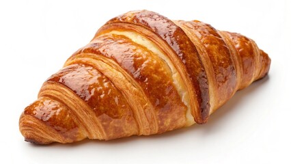 Close-up of a golden brown, flaky croissant isolated on a clean white background, showcasing its classic crescent shape and buttery layers