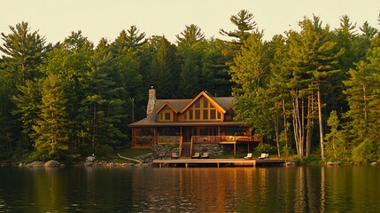 Secluded lakeside home in lush woodland setting at sunset hour atmosphere