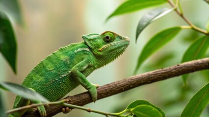 Obraz premium Close-up of a vibrant green chameleon perched on a branch surrounded by lush green leaves, looking to the side with its distinctive eyes