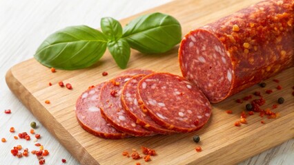 Close-up of sliced salami with visible peppercorns and paprika coating, alongside a whole sausage and fresh basil leaves on a wooden cutting board, suggesting gourmet charcuterie