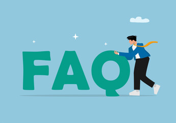 Businessman Pushing FAQ Text for Customer Support, Help Center, and Information Service Concept in Flat Vector Illustration