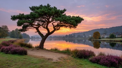 Obraz premium Tranquil Lake with Reflection of Pine Tree and Colorful Sunset Over Serene Water Scene