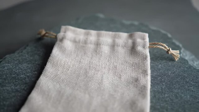Small, natural canvas drawstring bag on dark stone