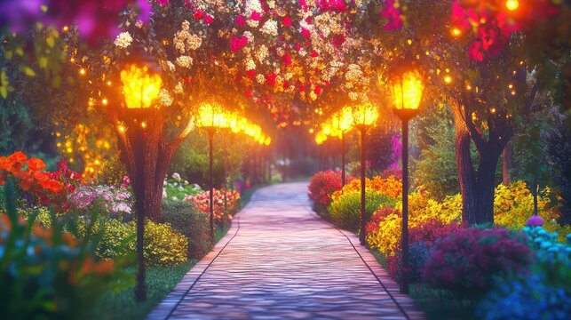 Enchanted garden walkway with stone pavers and glowing lanterns framed by vivid foliage in soft twilight