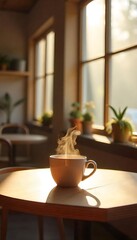 Obraz premium Generative AI A Serene Morning: Steaming Coffee Bathed in Golden Sunlight