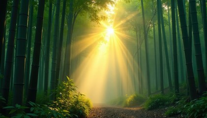 Obraz premium Serene bamboo forest at dawn, mist rising, sun rays filtering through leaves , calm, tranquility