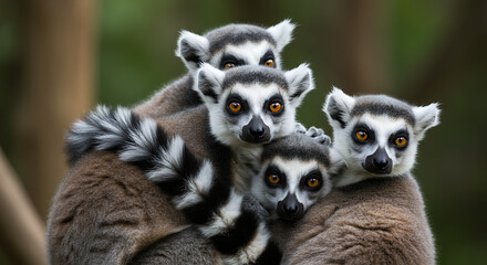 Obraz premium Lemur Love: A Cozy Huddle of Ring-Tailed Wonders - Madagascar Wildlife, Family Portrait, Primate Cuteness!