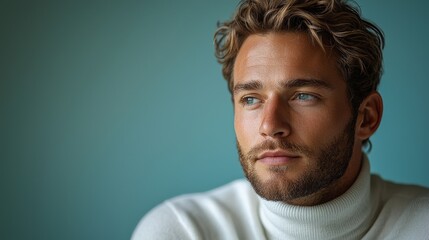 Obraz premium Thoughtful young man in white turtleneck against blue background