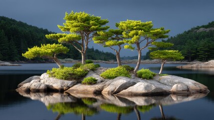Obraz premium Tranquil Lake Scene with Reflecting Pines on a Serene Still Water Surface