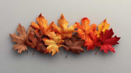 Autumn leaves in various shades of orange, red, and brown, arranged in a horizontal row against a neutral background.  The leaves are detailed, suggesting a realistic 3D rendering