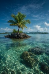 Small island with a palm tree in tranquil ocean waters on sunny day
