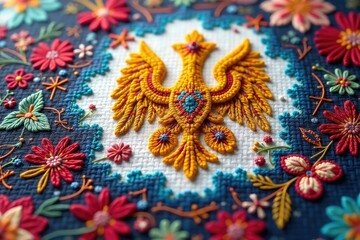 Obraz premium Close-up of vibrant Ukrainian cross-stitch depicting traditional patterns and symbols , yellow, thread