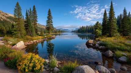 Tranquil Lake Scene Reflecting Pine Trees and Blue Sky in Scenic Natural Landscape