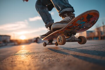 Skateboarder performing ollie on concrete ledge in city skatepark at sunset