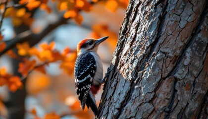 Close-up of a beautiful woodpecker with black and white feathers and red crown perched on the textured bark of a tall tree in a vibrant autumn forest scene with orange leaves