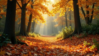 Fallen leaves blanket a forest floor, dappled sunlight filtering through the trees , wood, season