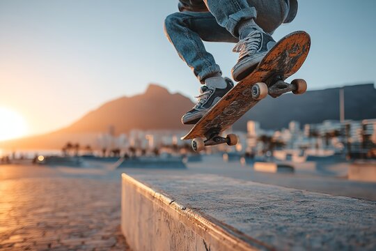 Skateboarder performing ollie on concrete ledge in city skatepark at sunset