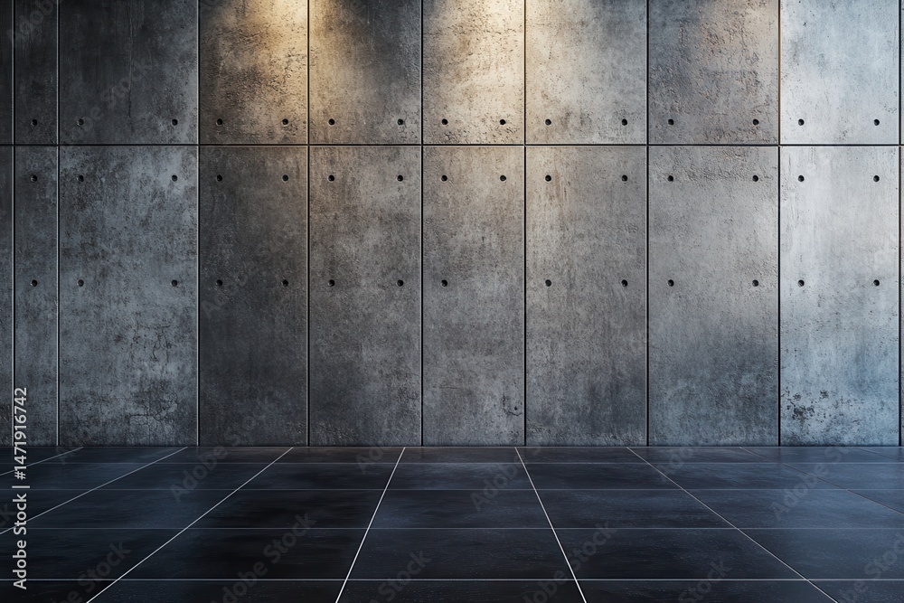 Poster modern concrete wall texture in gray tones and black floor with geometric pattern with neutral light
